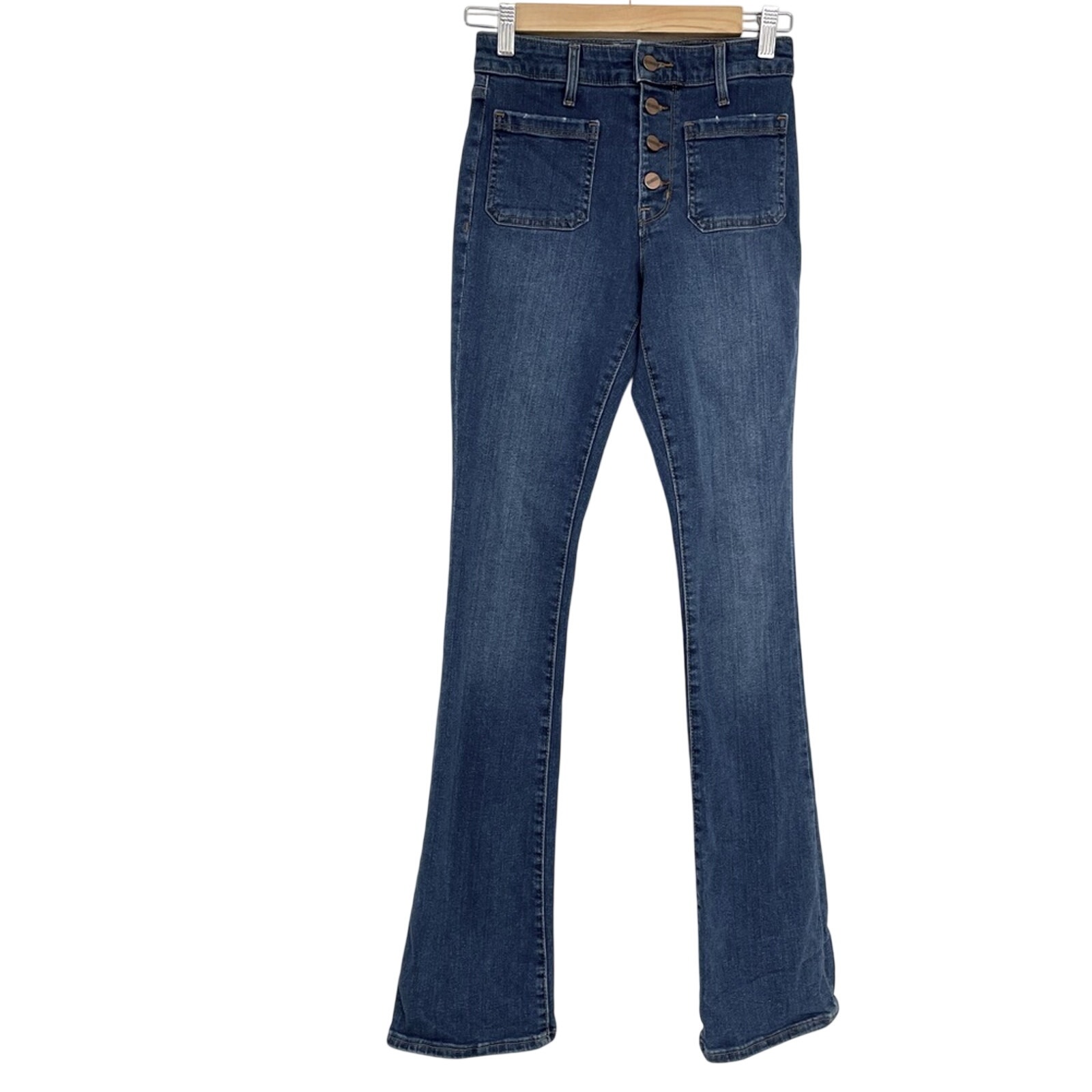 Sanctuary Blue Button Fly Flare Missy Jeans Flat Front 24 Medium Wash Stretch